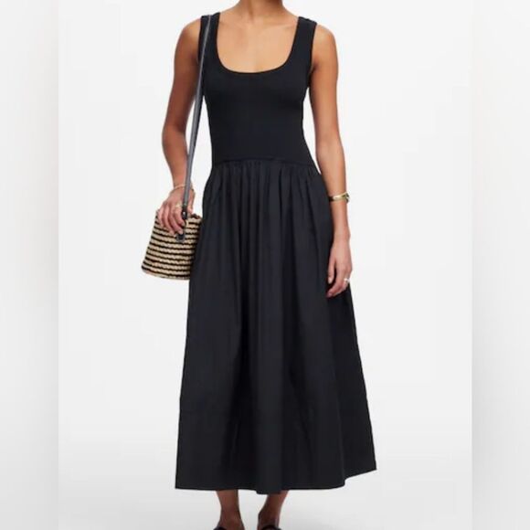 Madewell Dresses & Skirts - Madewell Black Mixed Poplin Scoopneck Maxi Dress XXS NWT Minimalist Quiet Luxury